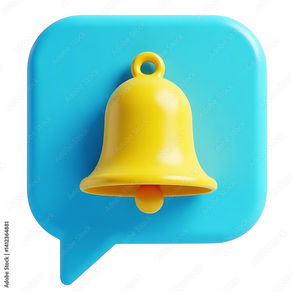 Cute yellow bell notification on blue speech bubble 3D render Cute yellow bell notification on blue speech bubble 3D render