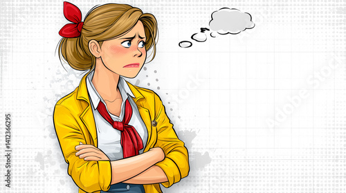 Comic book illustration: Worried or skeptical young woman with crossed arms and blank thought bubble.