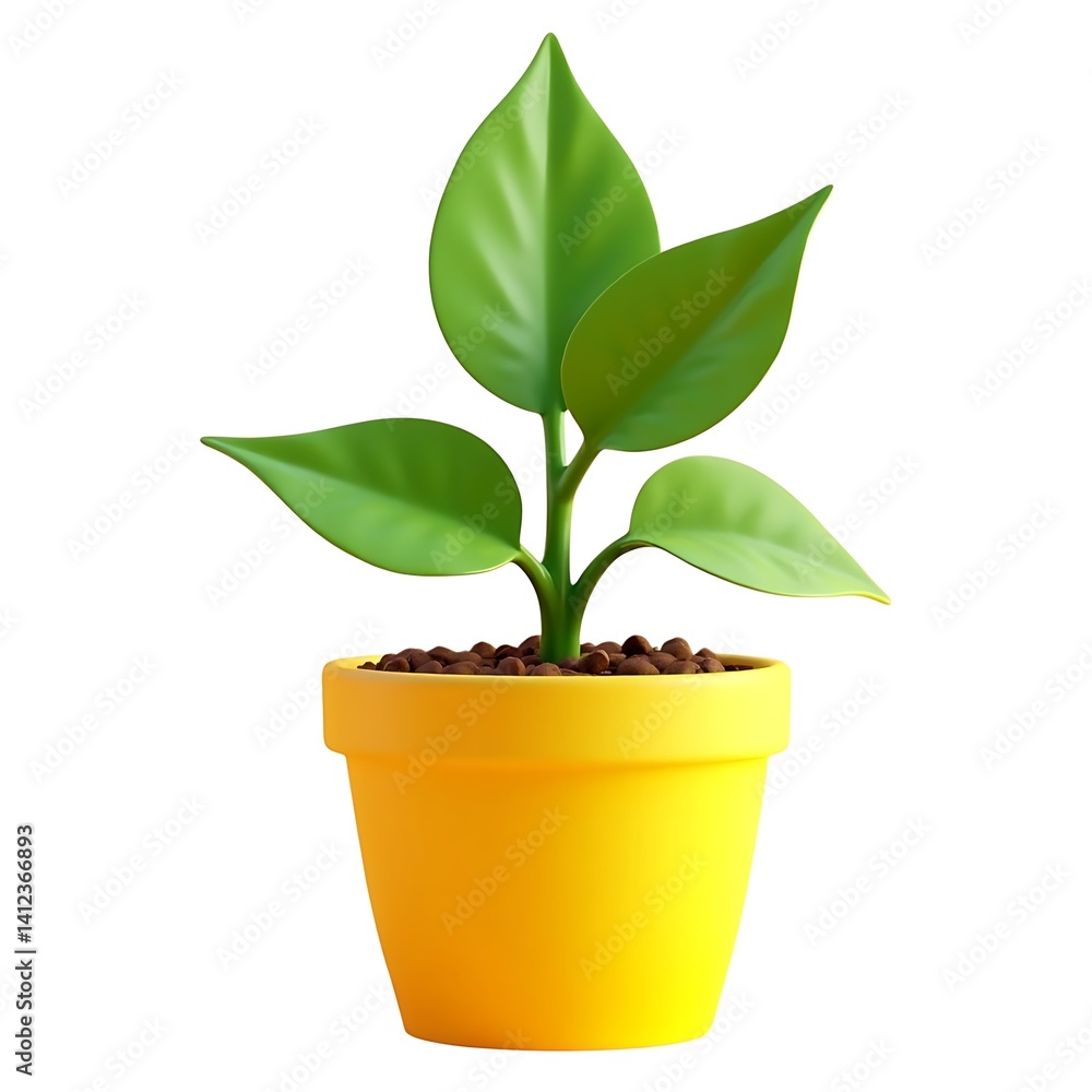 Vibrant green plant in yellow pot isolated on white background Vibrant green plant in yellow pot isolated on white background