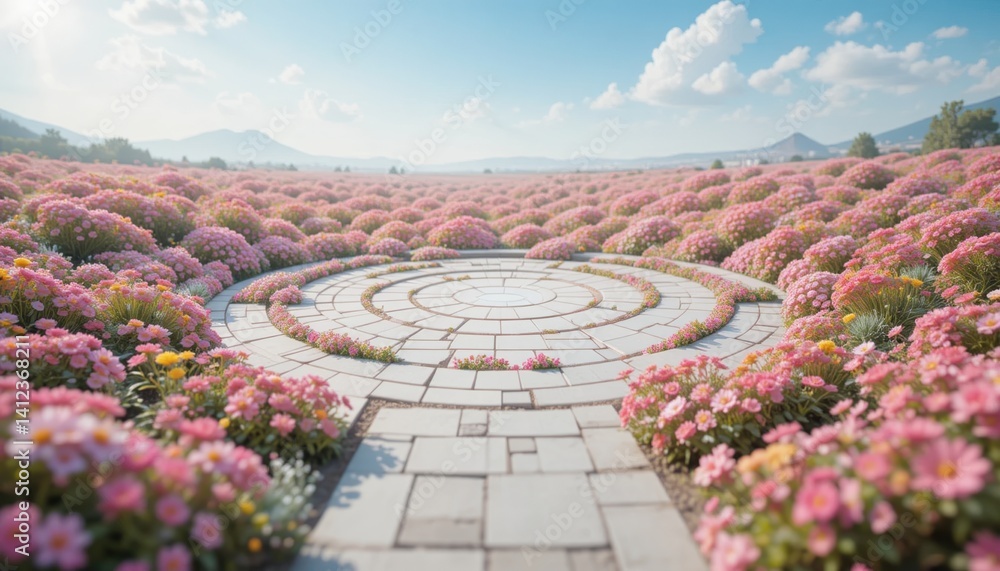 Serene pathway through vibrant pink flower field scenic landscape nature photography peaceful environment captivating viewpoint Serene pathway through vibrant pink flower field scenic landscape nature photography peaceful environment captivating viewpoint