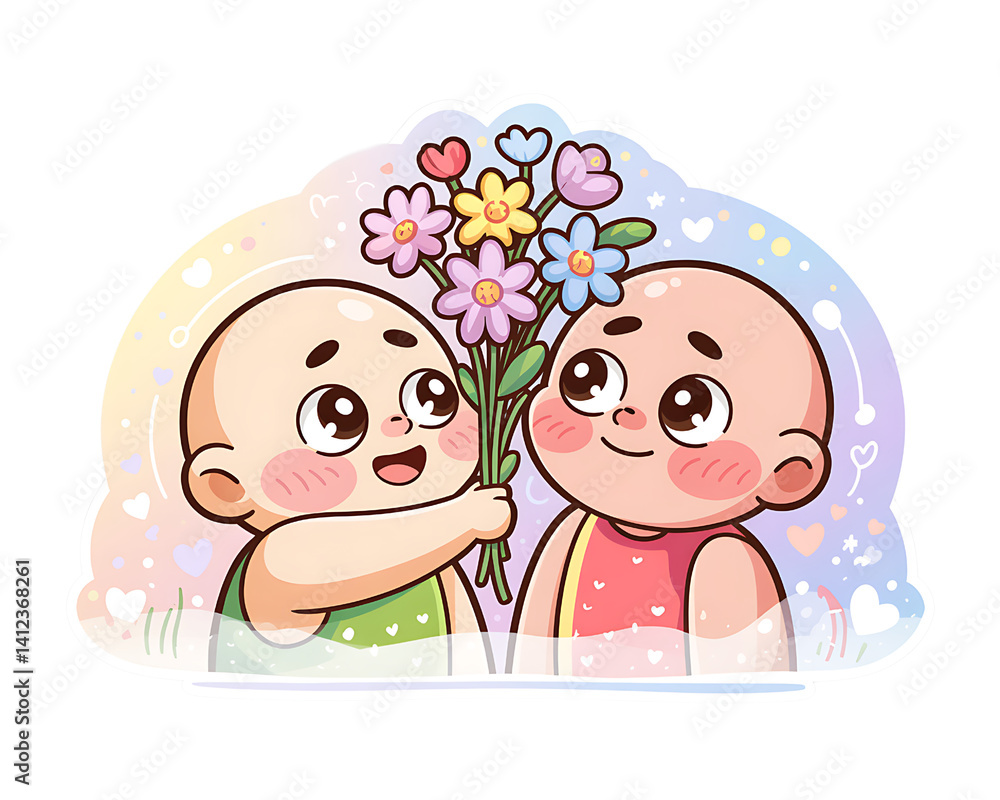 A cute illustration of two bald babies exchanging flowers, symbolizing love and affection.