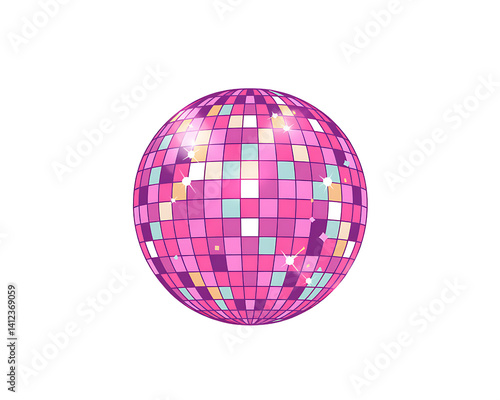 Pink disco ball hanging with confetti, celebrating a party or festive event.