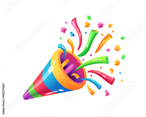 A vibrant rainbow party horn explodes with colorful confetti, celebrating joy and festivity.