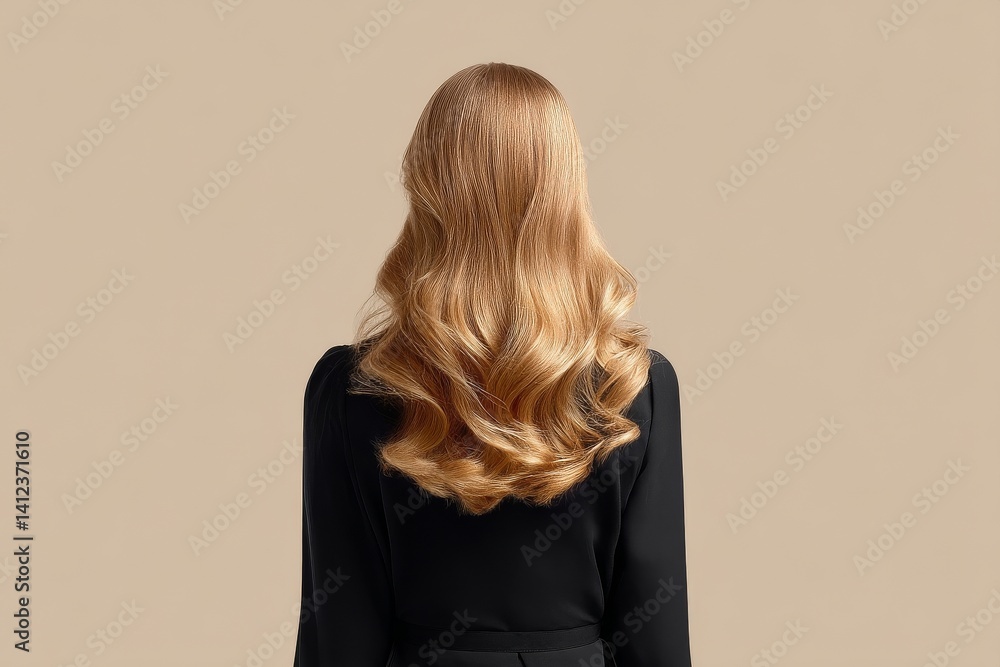 Naklejka premium A beautiful blonde woman with an ombre wavy hairstyle is posing in a studio on a beige background, showcasing her long healthy hair and stylish makeup