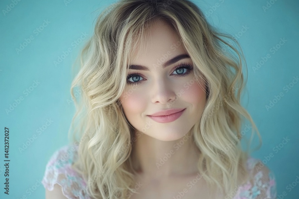Naklejka premium A beautiful young blonde woman with long hair is captured in a portrait, gazing at the camera with a smile