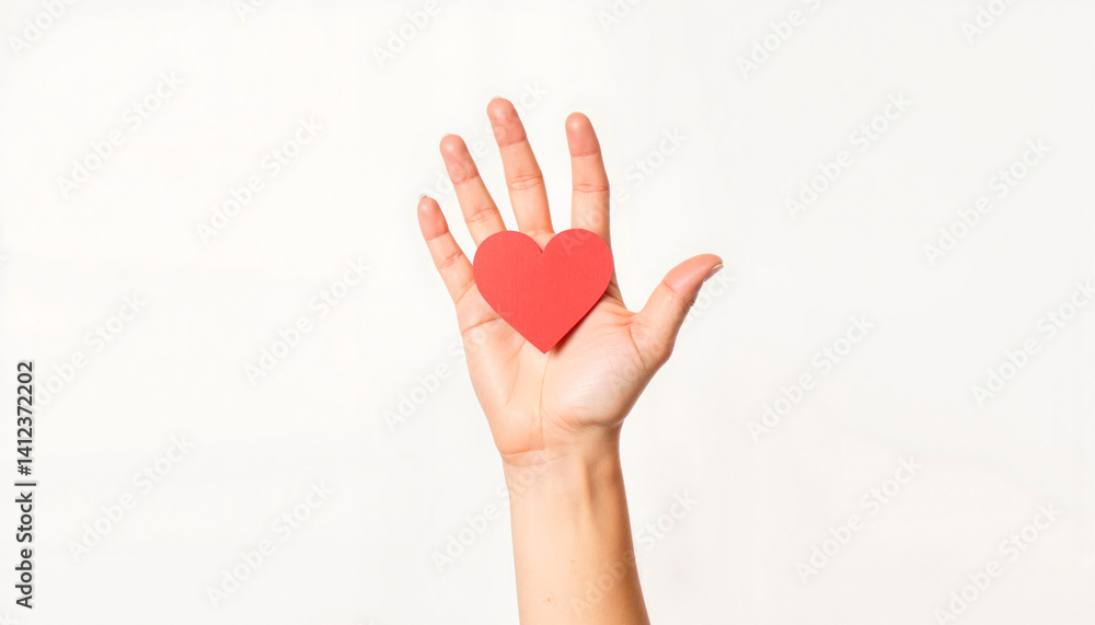 Hand holding a red heart symbol against a white background Hand holding a red heart symbol against a white background