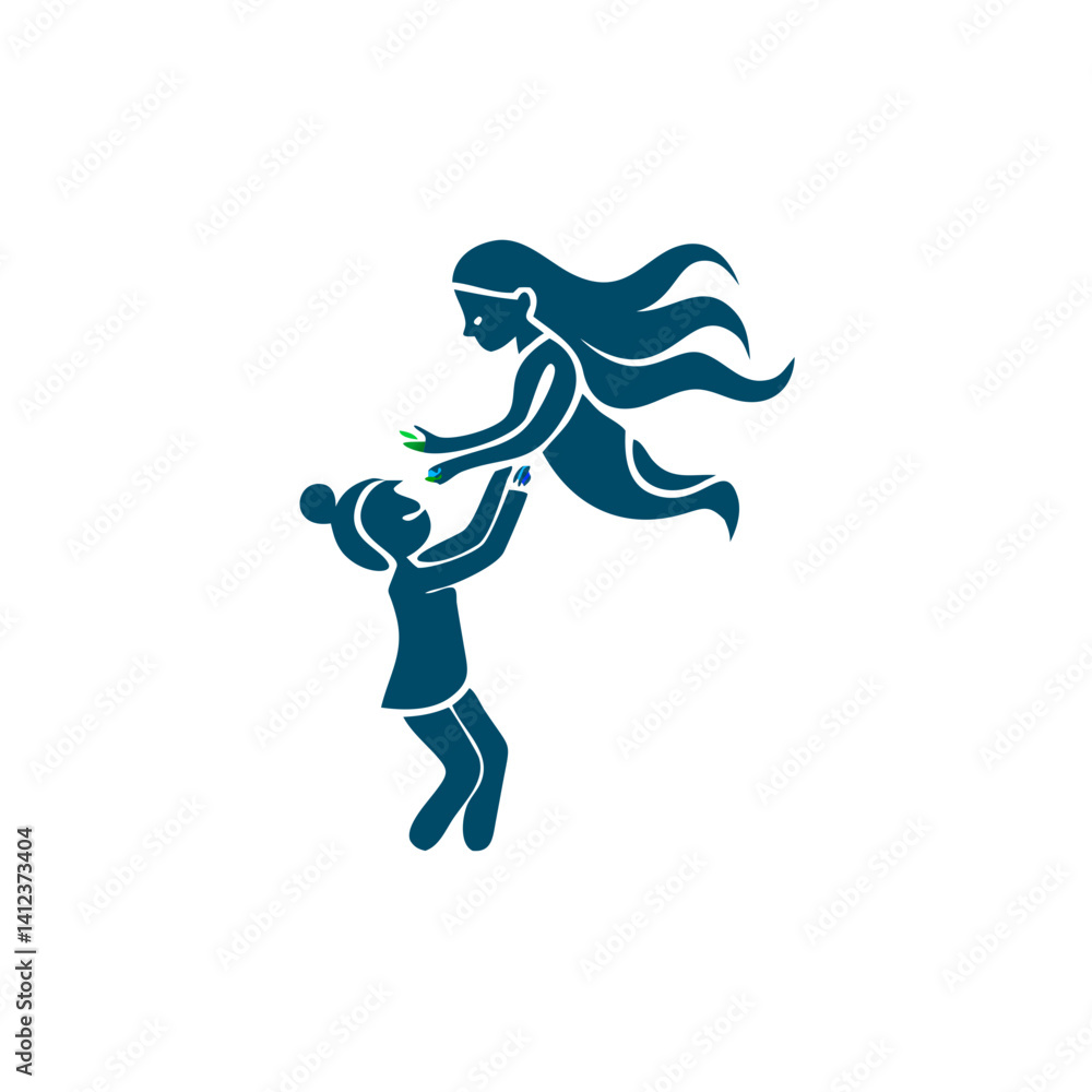 Obraz premium A girl receives a gift from a graceful ethereal being against a dark background a vibrant blue and teal illustration