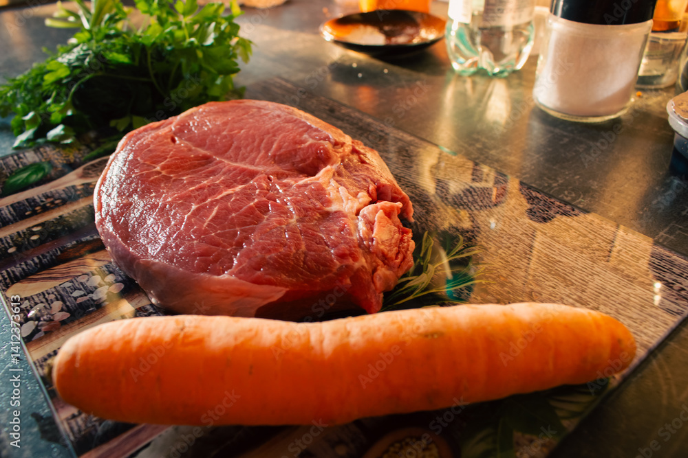 Raw beaf steak with carrot and parsley on cutting board. Raw meat, herbs and vegetable on table. Kitchen interior. Steak preparation process. Food styling. Marble steak on cutting board.