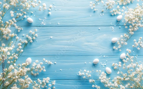 Easter background with a blue wooden table, white flowers, and ISO-200 Easter eggs. 