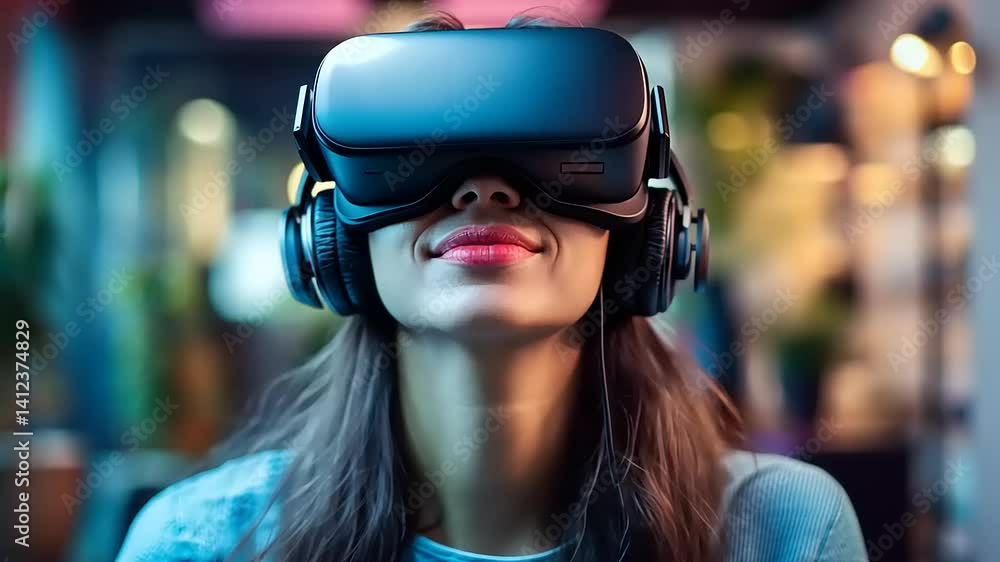 Young woman immersed in virtual reality, wearing a headset and headphones, in a vibrant indoor setting Young woman immersed in virtual reality, wearing a headset and headphones, in a vibrant indoor setting