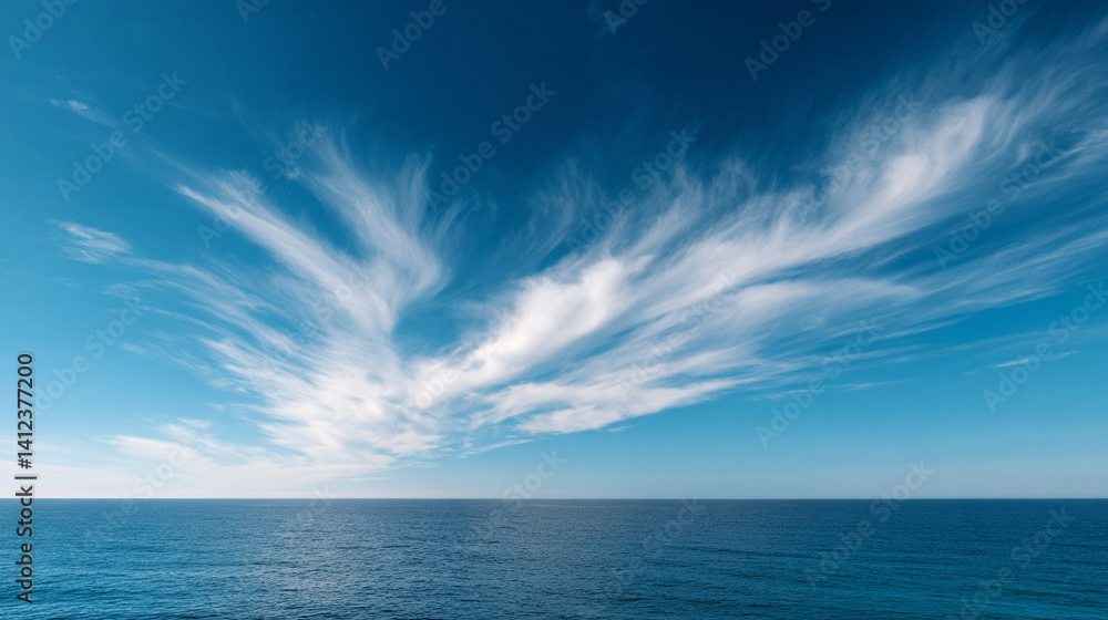 Obraz premium Delicate cirrus clouds stretch across clear blue sky over calm ocean, creating serene scene