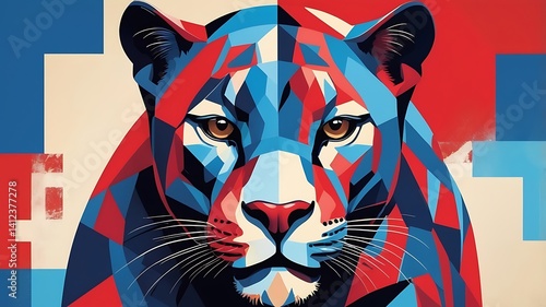A fragmented pop art panther logo with cubist influences and bold red-blue contrast