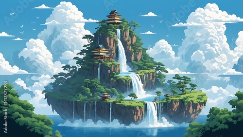 A floating Japanese island in the sky, with waterfalls cascading into the clouds, pixel art vector style