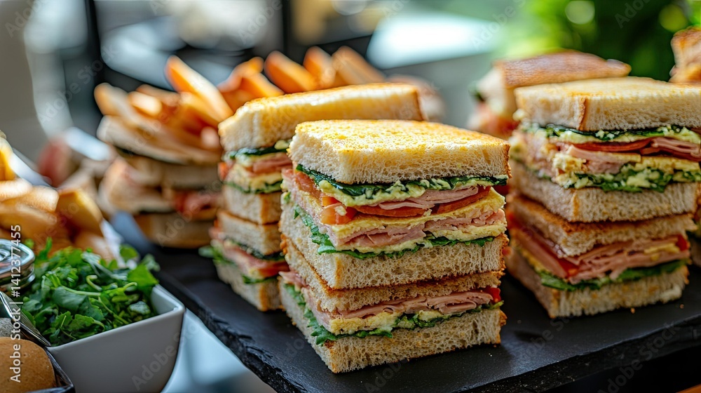 Club sandwiches arranged on a buffet table, showcasing classic catering and fresh meal presentation. Club sandwiches arranged on a buffet table, showcasing classic catering and fresh meal presentation.