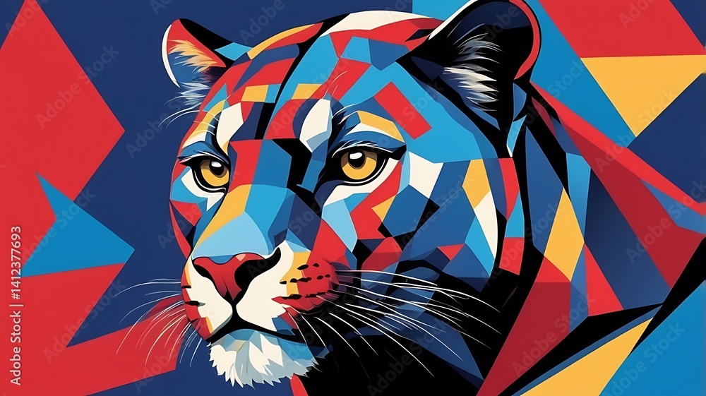 Obraz premium A fragmented pop art panther logo with cubist influences and bold red-blue contrast