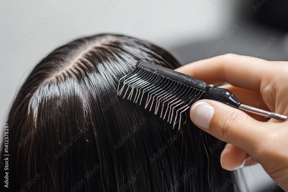 Naklejka premium A beauty salon's hairdresser is applying hair extensions to a young girl, showcasing professional hair care through a close-up of hair capsules and strands