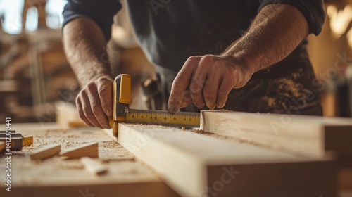 Carpenter measuring and cutting wood for a wooden structure. Featuring attention to detail and craftsmanship