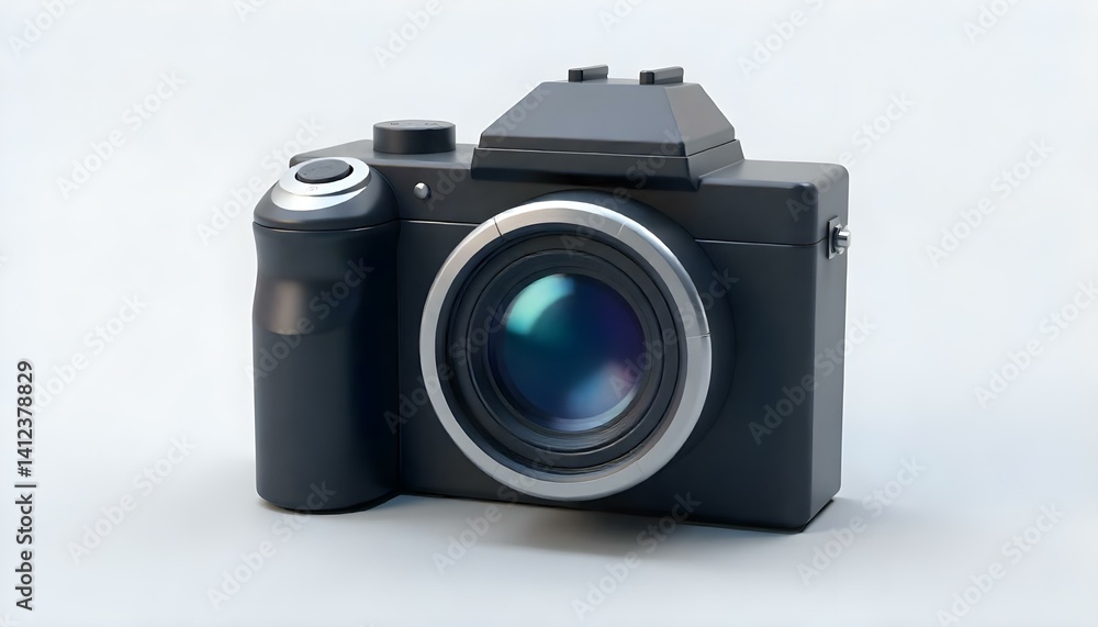 A professional digital camera in black, perfectly placed on a white surface, ready to take photos. A professional digital camera in black, perfectly placed on a white surface, ready to take photos.