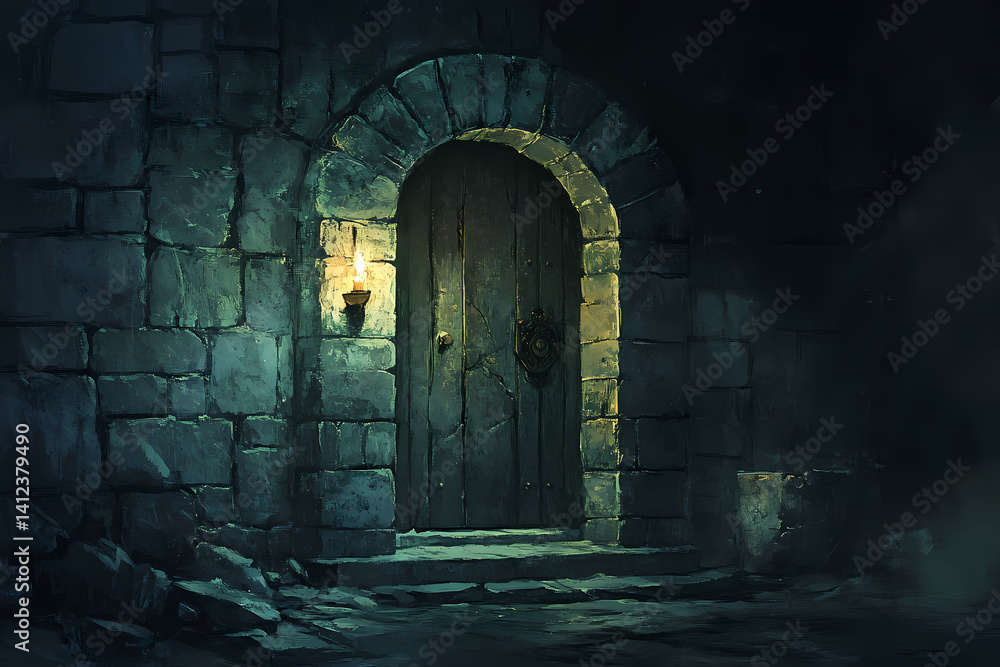 Mysterious Portal: An aged, wooden door set within a stone archway, gently illuminated by the warm glow of a single lamp. Mysterious Portal: An aged, wooden door set within a stone archway, gently illuminated by the warm glow of a single lamp.