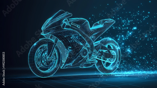 Wallpaper Mural Cyber Motorcycle: A sleek and dynamic motorcycle rendered in a cool, futuristic, digital grid, racing across a dark backdrop, embodying speed and technological innovation. Torontodigital.ca