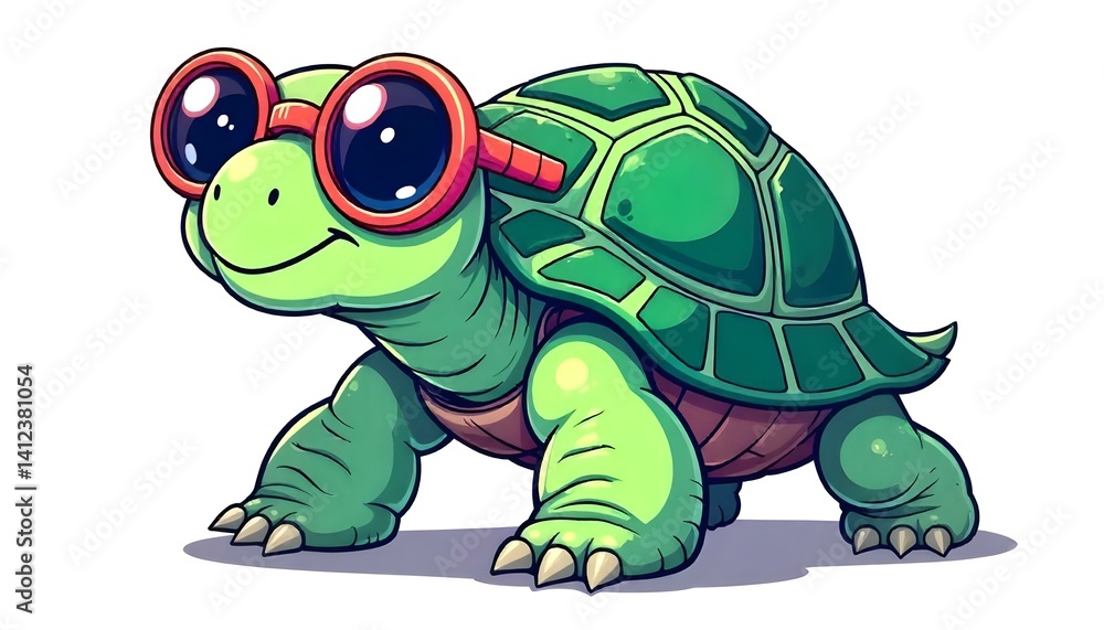 Fototapeta premium A charming cartoon turtle with big red glasses brings a smile with its friendly pose.