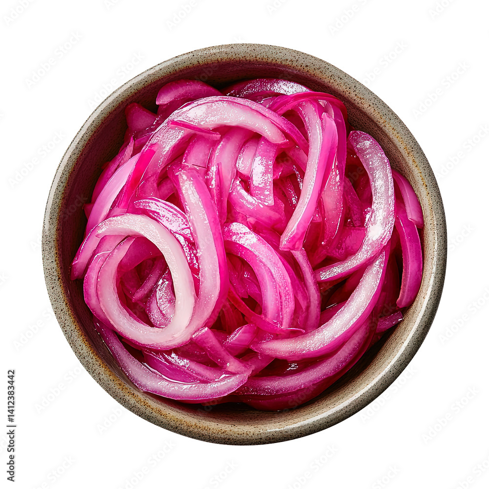bowl of Pickled red onion top view isolated on transparent white background, clipping path