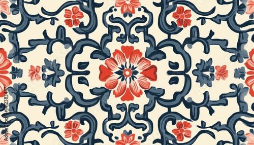 Elegant Vintage Floral Repeat Pattern Design with Red Flowers and Navy Vines