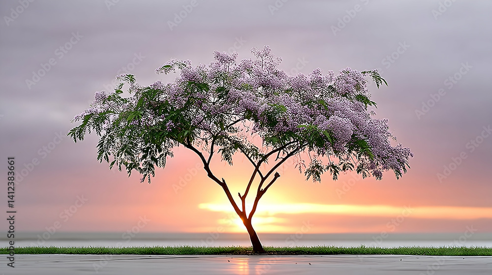 Obraz premium Solitary flowering tree at sunrise, reflecting in wet ground