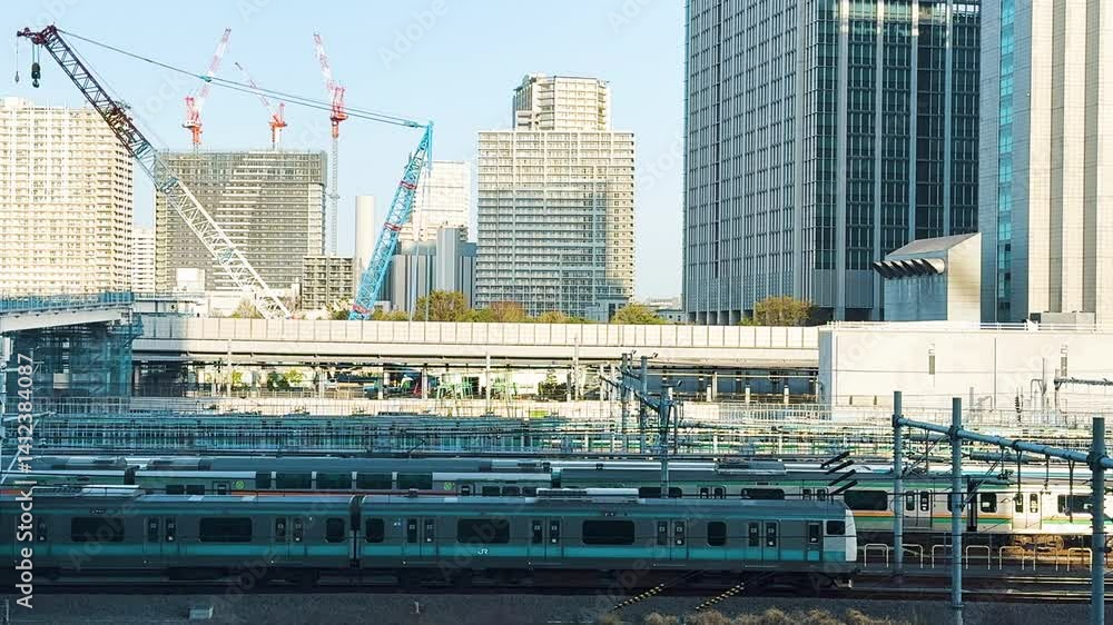 高輪ゲートウェイ駅周辺を京浜東北線と山手線が通過する都市景観