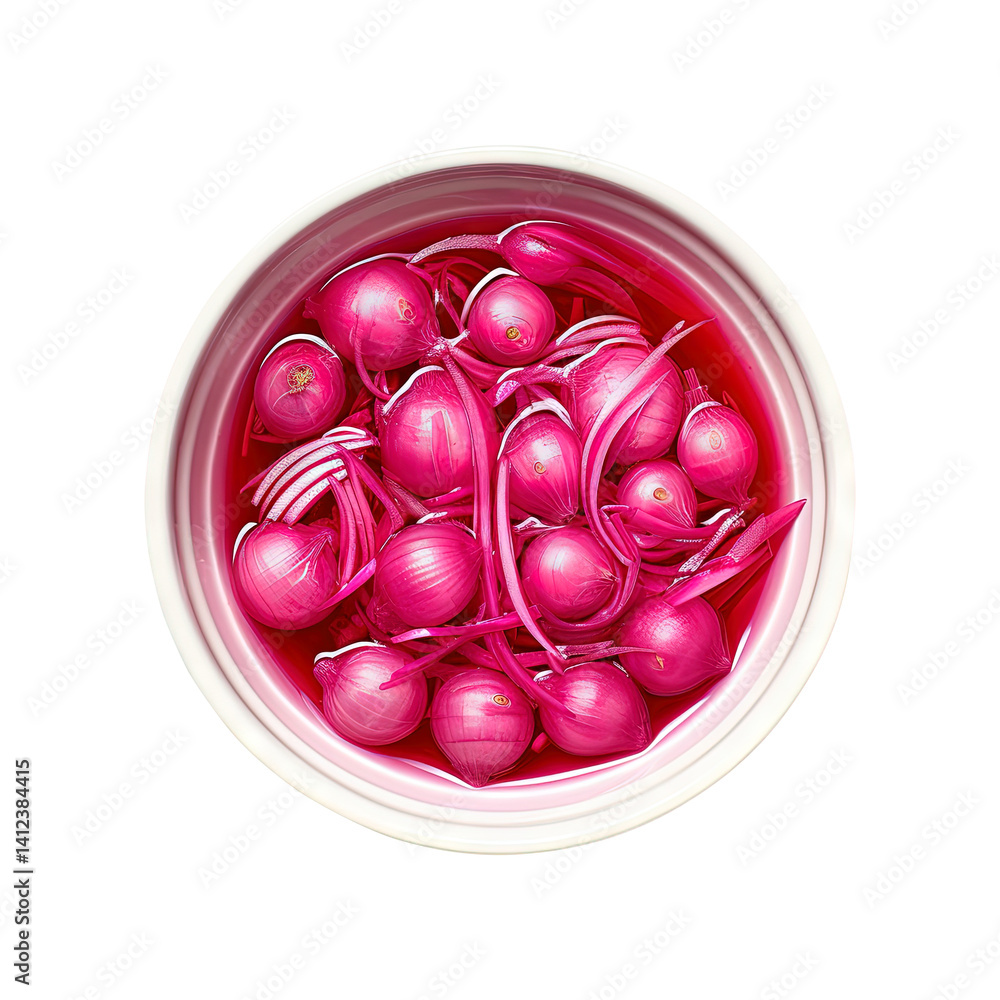 bowl of Pickled red onion top view isolated on transparent white background, clipping path