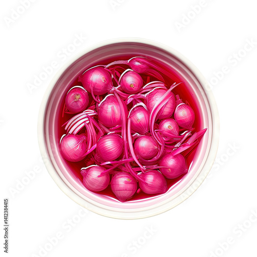 bowl of Pickled red onion top view isolated on transparent white background, clipping path