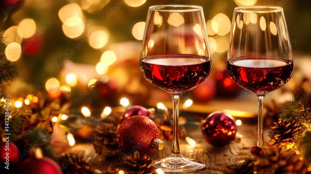 Elegant Christmas Table Setting with Red Wine and Festive Decorations Elegant Christmas Table Setting with Red Wine and Festive Decorations