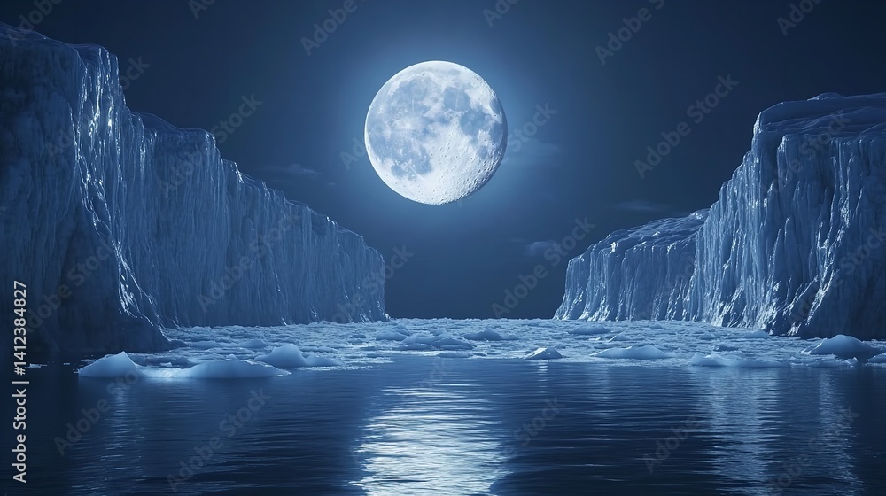 Antarctic glacial landscape at night under a full moon serene icy waters majestic cliffs