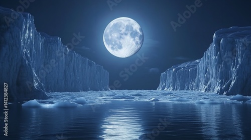Antarctic glacial landscape at night under a full moon serene icy waters majestic cliffs