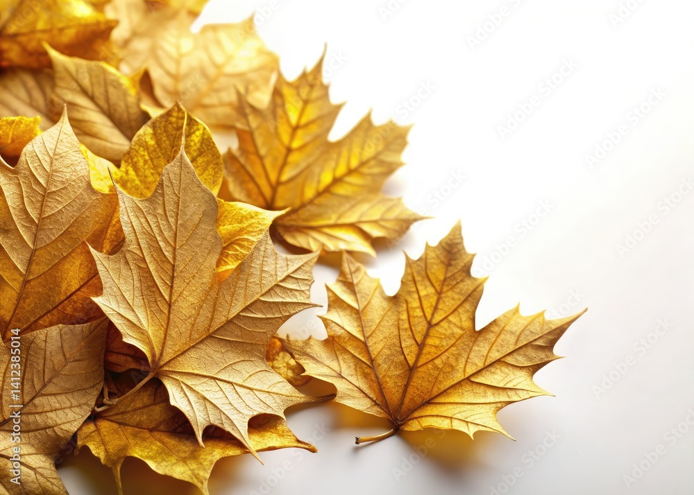Fototapeta premium Elegant Golden Autumn Leaves Corner Design, Macro Photography, White Background, Luxury Decor