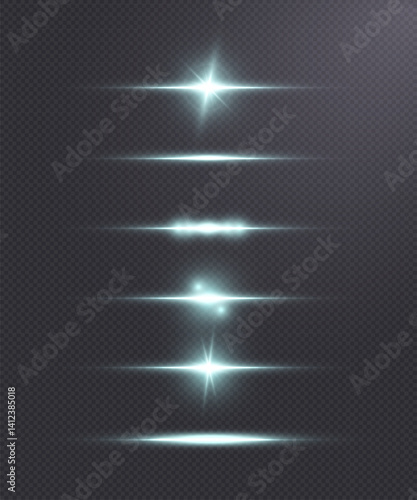 Set of glowing white horizontal light flares with soft glow and radial highlights on transparent background. Perfect for lens flare overlays, spark effects, or futuristic UI elements.

