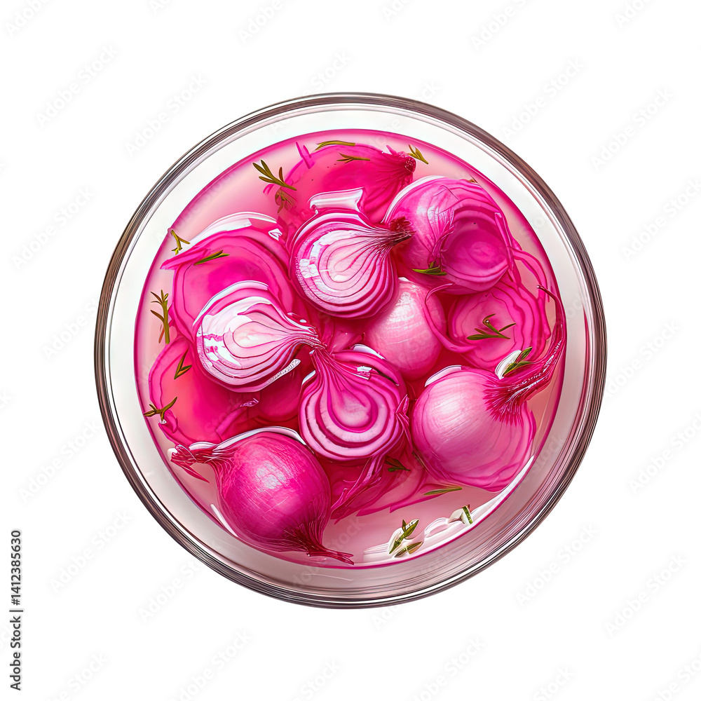 bowl of Pickled red onion top view isolated on transparent white background, clipping path