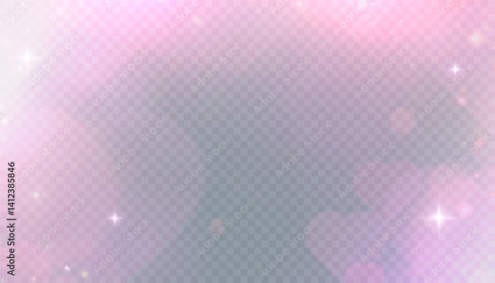 Soft pink bokeh background with sparkles, hearts, and glowing light flares on transparent layer. Perfect for romantic overlays, Valentine designs, or dreamy celebration themes.

