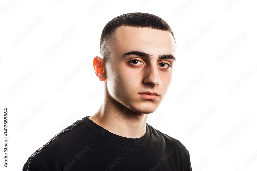 A white background provides a clean canvas for a beautiful boy with dark hair and a serious expression A white background provides a clean canvas for a beautiful boy with dark hair and a serious expression