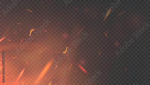 Sparkling glowing sparks and embers of fire with warm orange light on transparent background.
