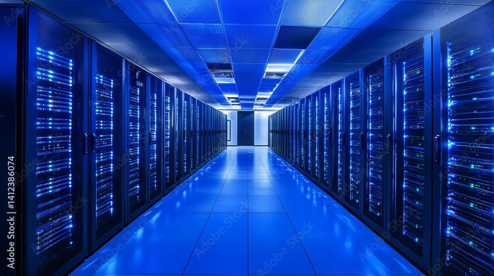 Server room with rows of computer servers illuminated in blue light. Server room with rows of computer servers illuminated in blue light.