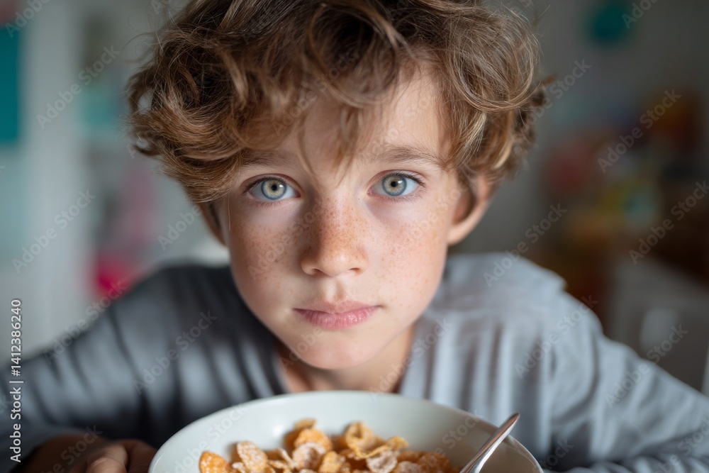 A captivating portrait of a young boy with striking eyes, enjoying his morning cereal breakfast. A captivating portrait of a young boy with striking eyes, enjoying his morning cereal breakfast.