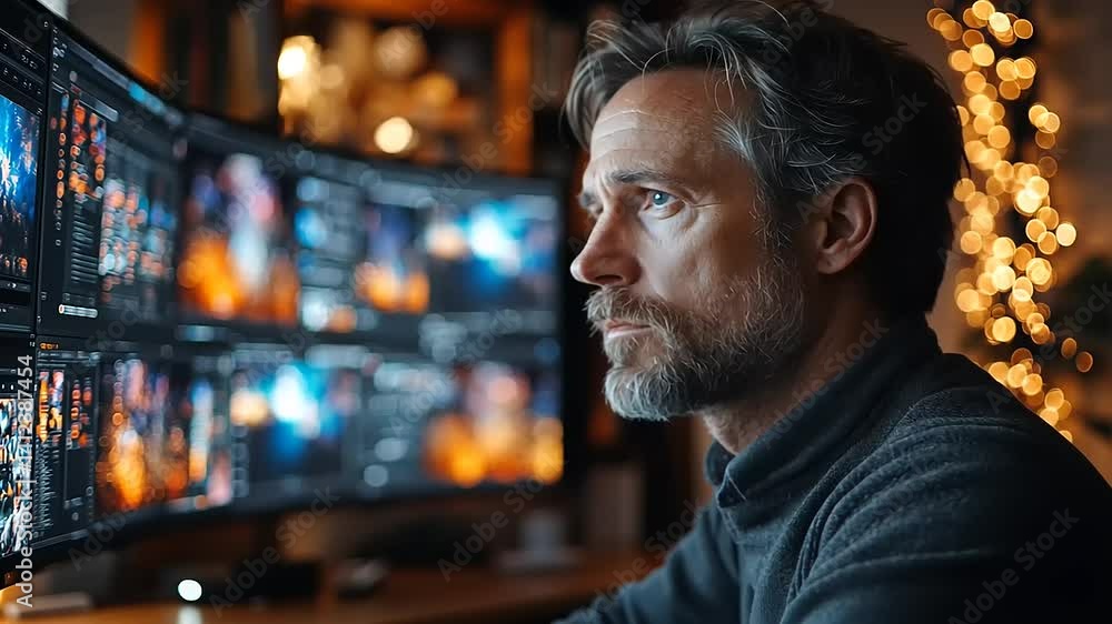 Focused man working on multiple screens in cozy room Focused man working on multiple screens in cozy room