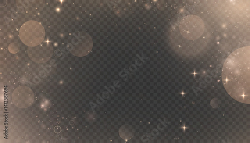 Golden bokeh lights with soft glow, sparkles, and transparency on dark background. Ideal for festive overlays, elegant effects, luxury designs, or magical celebration visuals.

