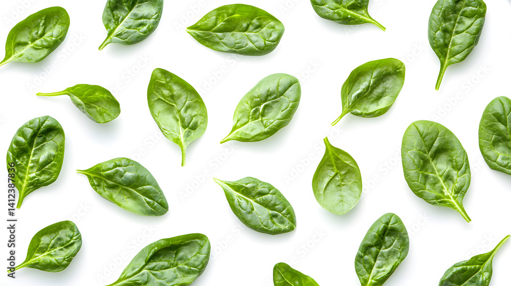 Fresh green spinach leaves scattered on a white background. Fresh green spinach leaves scattered on a white background.