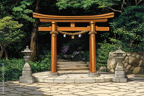 Tori gate on the forest landscape illustration 