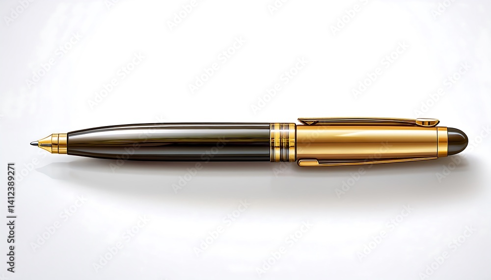 Elegant black and gold pen with sleek design lying on pristine white surface for creative inspiration Elegant black and gold pen with sleek design lying on pristine white surface for creative inspiration