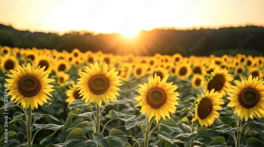 Fototapeta premium Golden hour spectacle: Sunflowers bathing in the radiant glow of setting sun