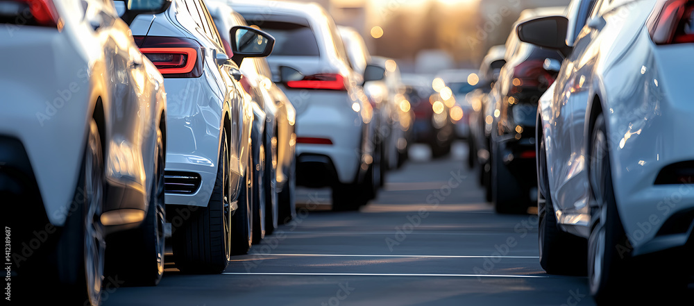 Fototapeta premium A Row of Automobiles: A captivating photograph showcases a line of sleek, modern automobiles, emphasizing their design, with an inviting view that entices the viewer. 
