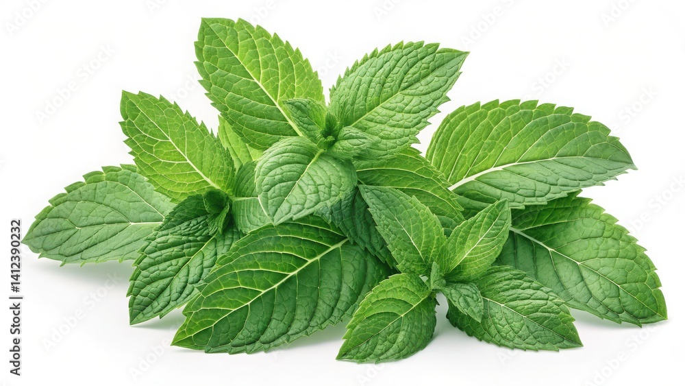 Fresh green mint leaves, showcasing vibrant color and texture, ideal for culinary or herbal use in various recipes. Isolate on white background, copy space, 300dpi for commercial use Fresh green mint leaves, showcasing vibrant color and texture, ideal for culinary or herbal use in various recipes. Isolate on white background, copy space, 300dpi for commercial use